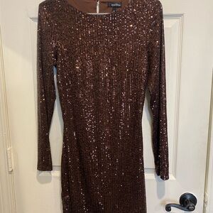 Speechless Sparkling Long Sleeve Dress - Brown